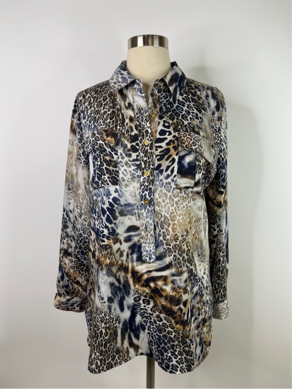 Chicos Animal Print Collared Long Sleeve Semi Sheer Tunic Top